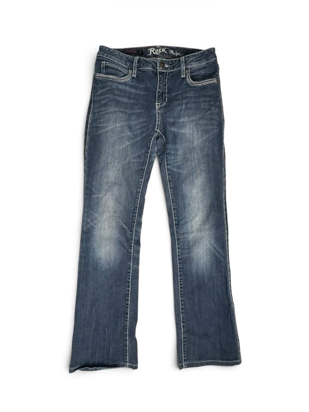 Rock 47 Jeans Womens 5/6 X 34 Blue Low Rise Denim Embroidered Wrangler